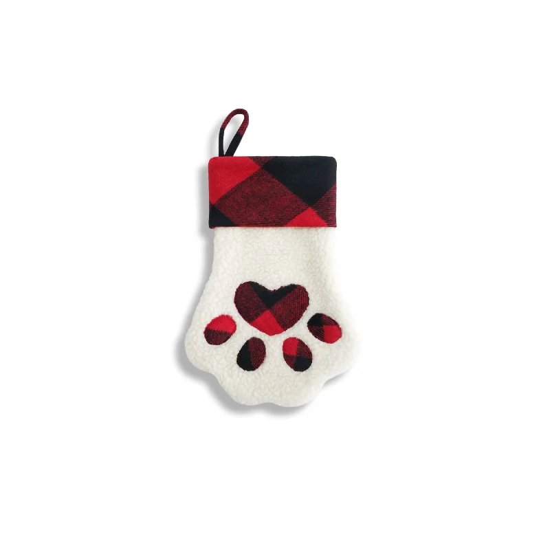 Boys' superhero - themed stockings​Faux Sherpa Dog Paw Stocking with Red Plaid Cuff