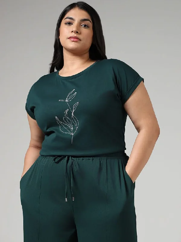 Women's one - piece jumpsuit pants Embroidered women jeans with intricate patterns Gia Emerald Green Leaf Embellished Cotton T-Shirt Women's one - piece jumpsuit pants Embroidered women jeans with intricate patterns Gia Emerald Green Leaf Embellished Cotton T-Shirt