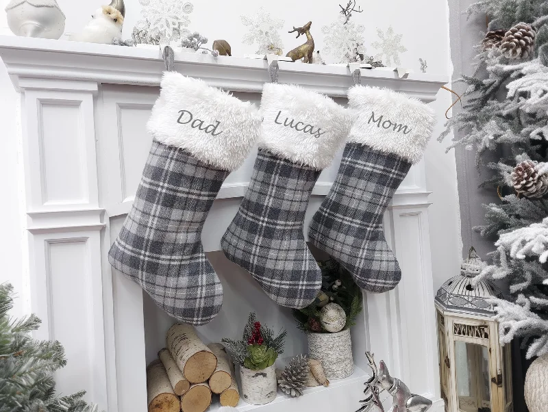 Metallic - threaded party stockingsGrey Plaid White Faux Fur Christmas Stocking | Farmhouse Rustic Xmas Decor Greyscale Modern Traditional Personalized Embroidery Name Tag Metallic - threaded party stockingsGrey Plaid White Faux Fur Christmas Stocking | Farmhouse Rustic Xmas Decor Greyscale Modern Traditional Personalized Embroidery Name Tag