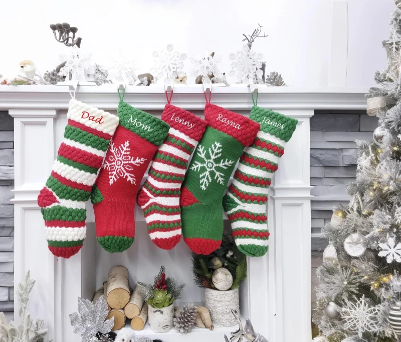 Ankle - length cuffed stockings for casual looksKnitted Striped Snowflake Christmas Stockings | Whimsy Candy Cane Style Festive Red Green White Xmas Decor Personalized Embroidery Name Ankle - length cuffed stockings for casual looksKnitted Striped Snowflake Christmas Stockings | Whimsy Candy Cane Style Festive Red Green White Xmas Decor Personalized Embroidery Name