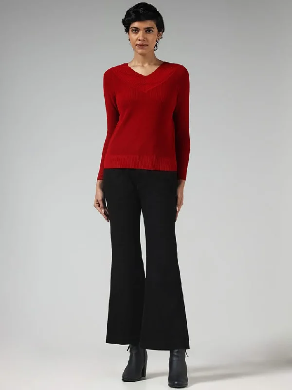 Women's low - rise denim pants Distressed women jeans for a trendy and edgy look LOV Solid Red Sweater Women's low - rise denim pants Distressed women jeans for a trendy and edgy look LOV Solid Red Sweater