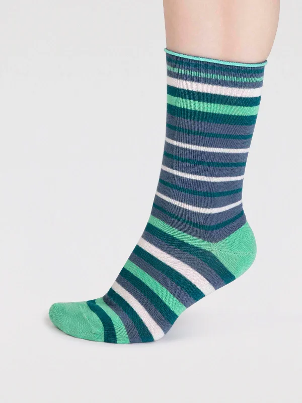 Embroidered women's silk ankle socks​Lucia Bamboo Stripe Socks - Misty Blue