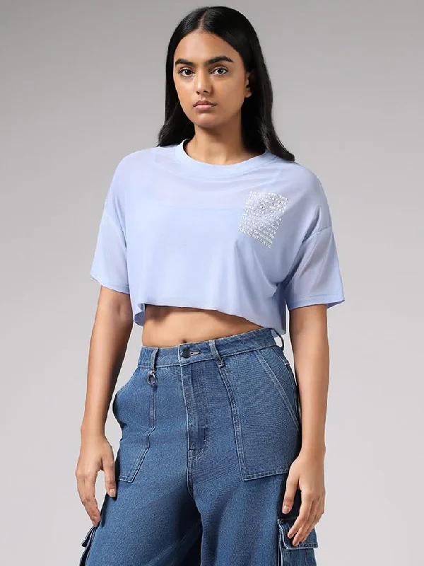 Women's button - fly jeans pants Wide - leg women jeans for a modern and relaxed vibe Nuon Light Blue Printed Mesh Crop Top Women's button - fly jeans pants Wide - leg women jeans for a modern and relaxed vibe Nuon Light Blue Printed Mesh Crop Top