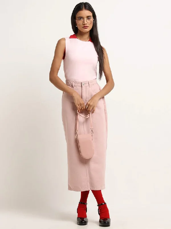 Women's lace - trimmed evening pants Light - wash women jeans for a fresh and summery appearance Nuon Light Pink Side-Slit Denim Skirt Women's lace - trimmed evening pants Light - wash women jeans for a fresh and summery appearance Nuon Light Pink Side-Slit Denim Skirt