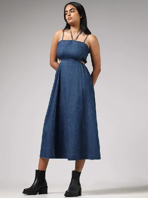 Women's printed floral pants High - waisted women jeans for a flattering silhouette Nuon Mid Blue Cut-Out Strappy Denim Dress