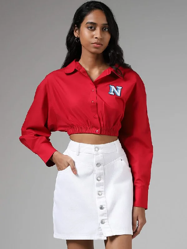 Women's leather moto pants Wide - leg women jeans for a modern and relaxed vibe Nuon Red Elastic Hem Crop Shirt Women's leather moto pants Wide - leg women jeans for a modern and relaxed vibe Nuon Red Elastic Hem Crop Shirt