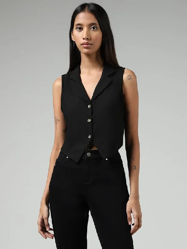 Women's leather moto pants Wide - leg women jeans for a modern and relaxed vibe Nuon Solid Black Buttoned Waistcoat Women's leather moto pants Wide - leg women jeans for a modern and relaxed vibe Nuon Solid Black Buttoned Waistcoat
