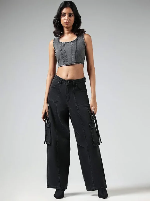 Women's pants with mesh panels Jeggings women jeans combining the comfort of leggings and style of jeans Nuon Solid Black High-Waisted Cargo Relaxed Fit Jeans Women's pants with mesh panels Jeggings women jeans combining the comfort of leggings and style of jeans Nuon Solid Black High-Waisted Cargo Relaxed Fit Jeans