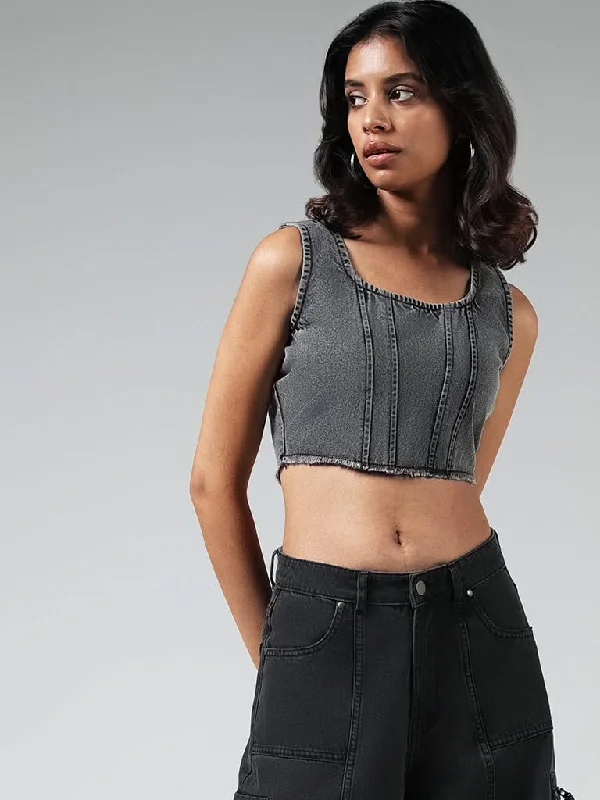 Women's pants for running Wide - leg women jeans for a modern and relaxed vibe Nuon Solid Grey Denim Crop Top Women's pants for running Wide - leg women jeans for a modern and relaxed vibe Nuon Solid Grey Denim Crop Top