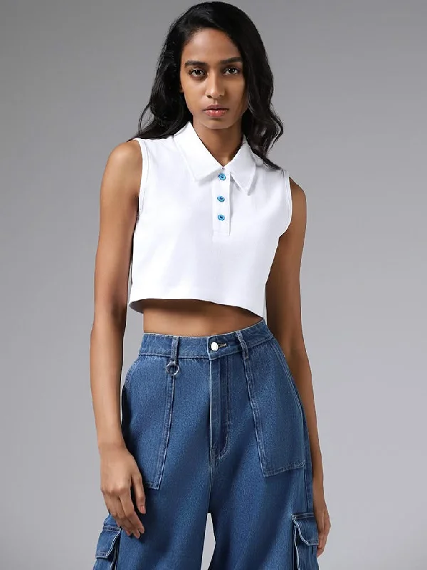 Women's one - piece jumpsuit pants Embroidered women jeans with intricate patterns Nuon White Typographic Printed Crop Top Women's one - piece jumpsuit pants Embroidered women jeans with intricate patterns Nuon White Typographic Printed Crop Top