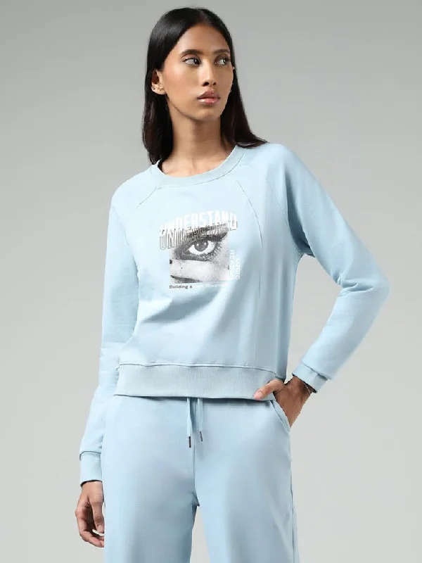 Women's denim shorts - style pants Light - wash women jeans for a fresh and summery appearance Studiofit Light Blue Typographic Printed Cotton Blend Sweatshirt Women's denim shorts - style pants Light - wash women jeans for a fresh and summery appearance Studiofit Light Blue Typographic Printed Cotton Blend Sweatshirt