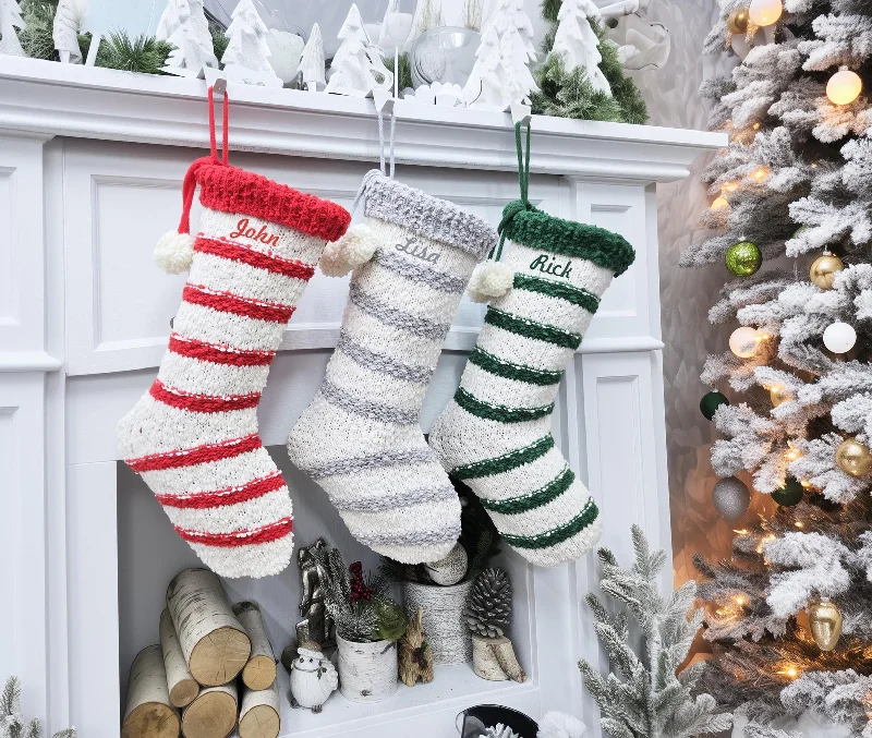 Over - the - knee leatherette fashion stockingsBouclé Textured Christmas Stockings with Stripes and Pom Poms Red Green Grey Handmade Style Cute Whimsy Stocking Personalized Embroidered Over - the - knee leatherette fashion stockingsBouclé Textured Christmas Stockings with Stripes and Pom Poms Red Green Grey Handmade Style Cute Whimsy Stocking Personalized Embroidered