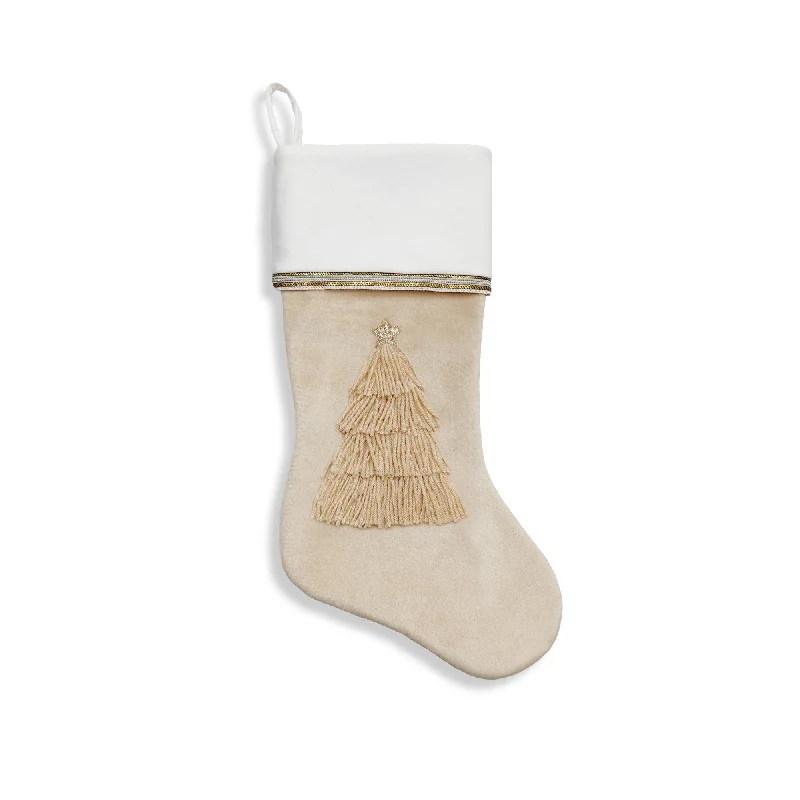 High - heel - friendly reinforced toe stockingsBeige Velvet Stocking with Fringe Tree Applique High - heel - friendly reinforced toe stockingsBeige Velvet Stocking with Fringe Tree Applique