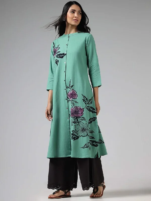 Women's pants for job interviews Skinny women jeans with a form - fitting design Utsa Light Teal Floral Printed Buttoned Down Kurta Women's pants for job interviews Skinny women jeans with a form - fitting design Utsa Light Teal Floral Printed Buttoned Down Kurta