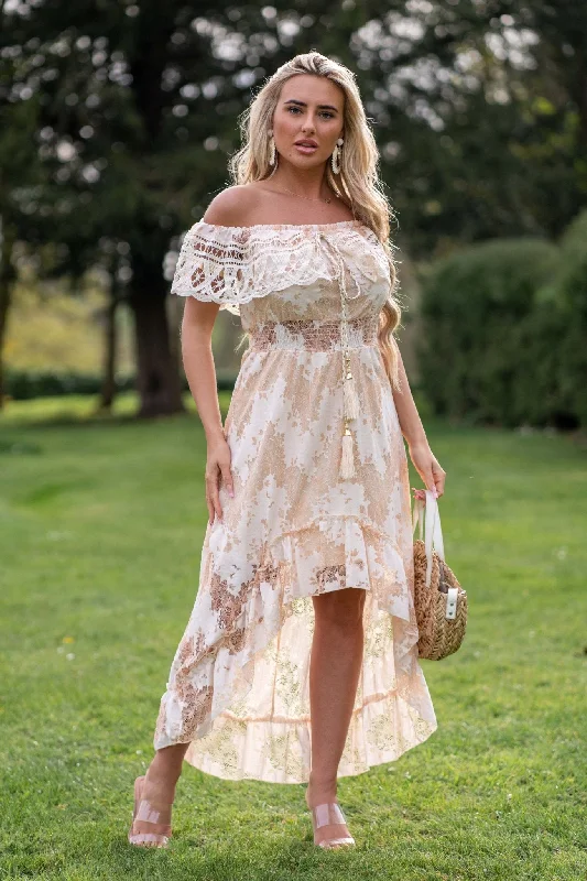 Maxi dresses with off - the - shoulder styles for a romantic and breezy lookBeige Boho Dipped Hem Bardot Dress Maxi dresses with off - the - shoulder styles for a romantic and breezy lookBeige Boho Dipped Hem Bardot Dress