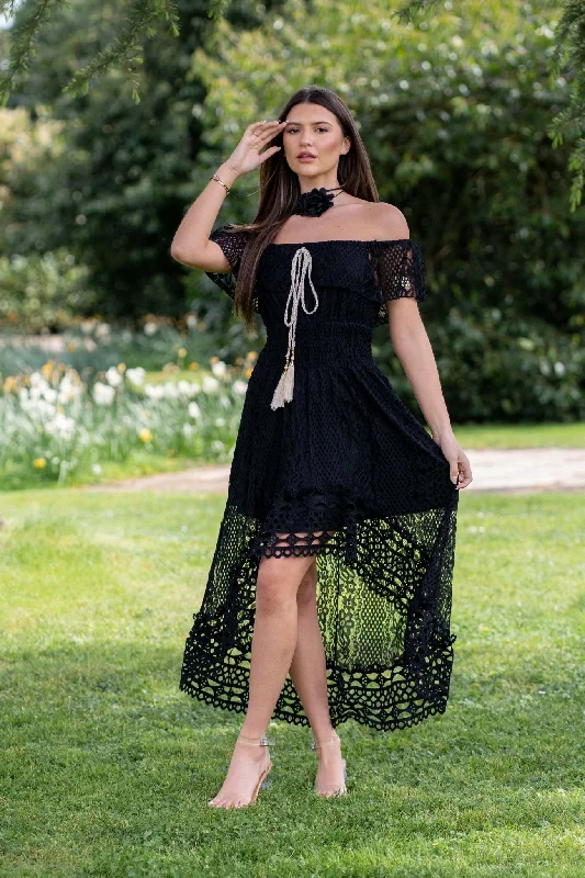 Maxi dresses with patchwork designs for a one - of - a - kind styleBlack Boho Lace Bardot Dress Maxi dresses with patchwork designs for a one - of - a - kind styleBlack Boho Lace Bardot Dress