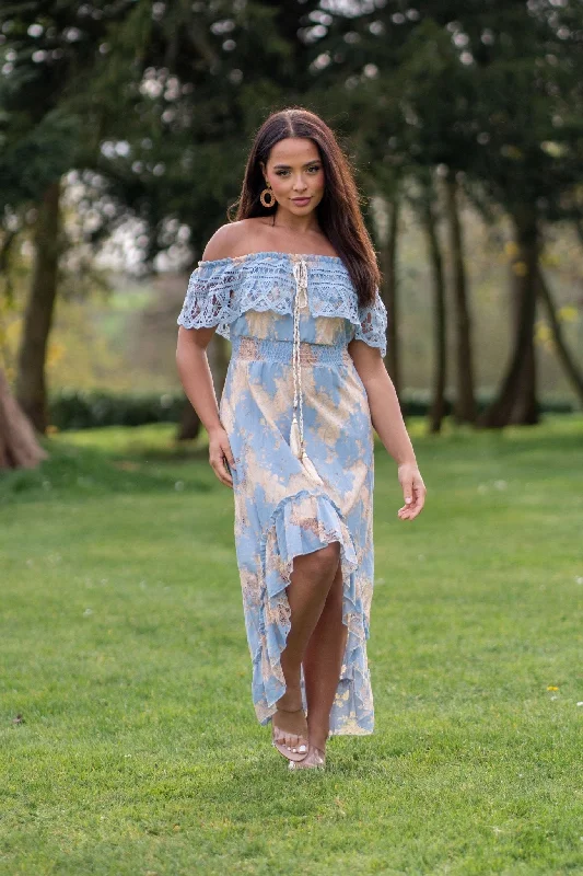 Maxi dresses with embroidered floral motifs for a unique designBlue Boho Dipped Hem Bardot Dress Maxi dresses with embroidered floral motifs for a unique designBlue Boho Dipped Hem Bardot Dress