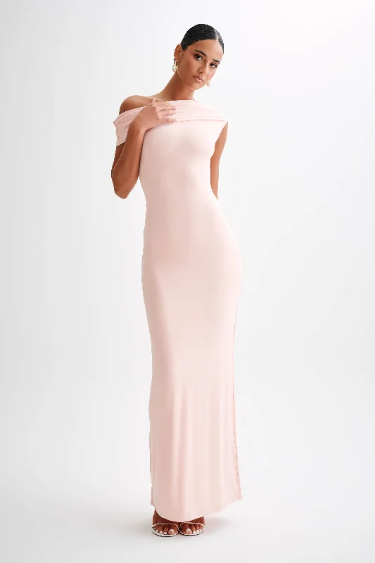 Linen maxi dresses for a breathable and lightweight summer optionCassandra Off Shoulder Slinky Maxi Dress - Pale Pink Linen maxi dresses for a breathable and lightweight summer optionCassandra Off Shoulder Slinky Maxi Dress - Pale Pink