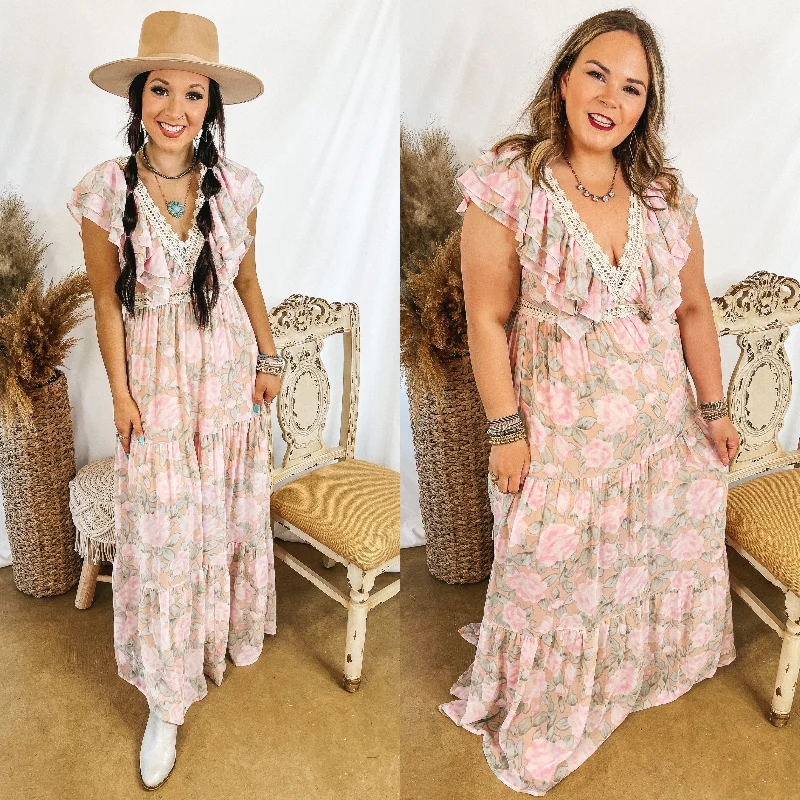 Satin maxi dresses with a high - low hem for a modern twistSunlight Hours Watercolor Floral Maxi Dress with Crochet Detailing in Peach Pink Satin maxi dresses with a high - low hem for a modern twistSunlight Hours Watercolor Floral Maxi Dress with Crochet Detailing in Peach Pink