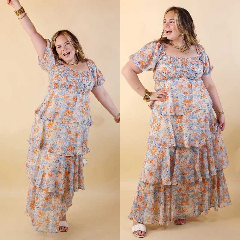 Maxi dresses with balloon sleeves for a vintage - inspired styleFun Feeling Floral Tiered Maxi Dress with Smocked Balloon Sleeves in Orange Mix Maxi dresses with balloon sleeves for a vintage - inspired styleFun Feeling Floral Tiered Maxi Dress with Smocked Balloon Sleeves in Orange Mix