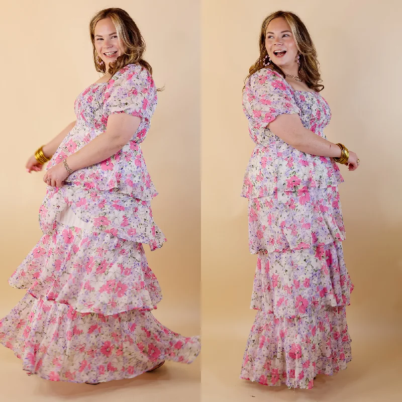 Maxi dresses with geometric prints for a contemporary aestheticFun Feeling Floral Tiered Maxi Dress with Smocked Balloon Sleeves in Pink Mix Maxi dresses with geometric prints for a contemporary aestheticFun Feeling Floral Tiered Maxi Dress with Smocked Balloon Sleeves in Pink Mix