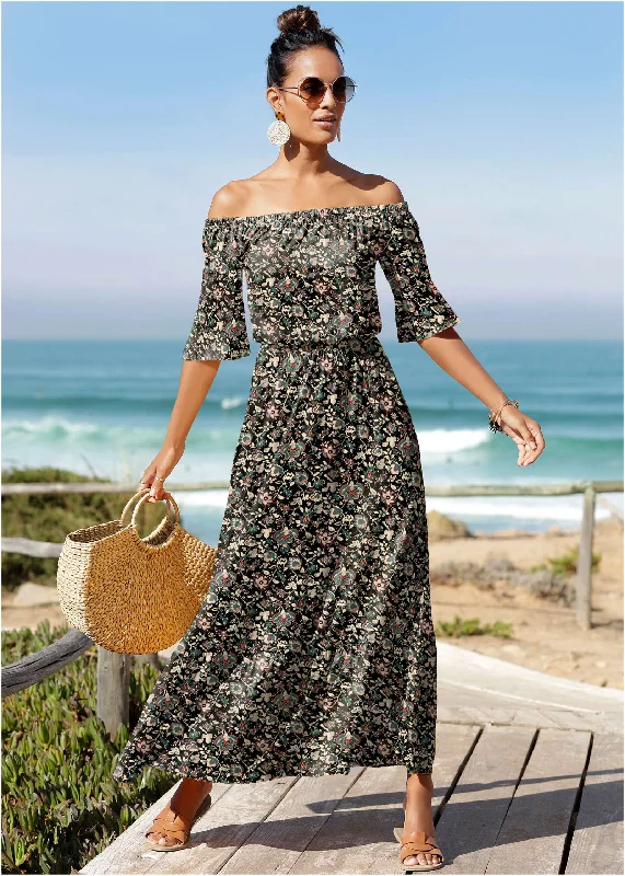 Maxi dresses with one - shoulder designs for a stylish and asymmetric lookOff-The-Shoulder Maxi Dress - Black Floral Maxi dresses with one - shoulder designs for a stylish and asymmetric lookOff-The-Shoulder Maxi Dress - Black Floral