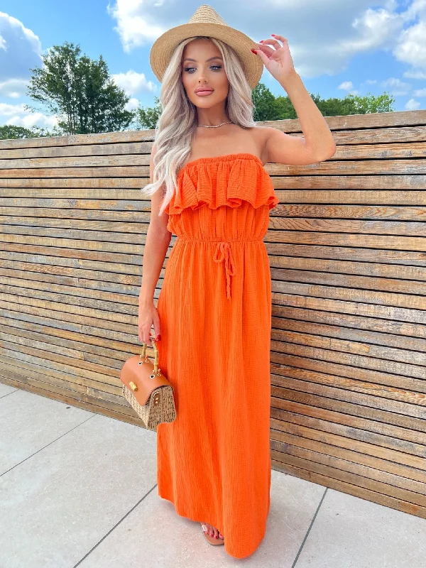 Denim maxi dresses with frayed hems for a casual lookOrange Santorini Bardot Maxi Dress Denim maxi dresses with frayed hems for a casual lookOrange Santorini Bardot Maxi Dress