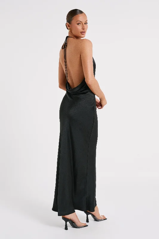 Maxi dresses with mesh panels for a sexy and trendy appearanceSammy Satin Halter Maxi Dress - Black Maxi dresses with mesh panels for a sexy and trendy appearanceSammy Satin Halter Maxi Dress - Black