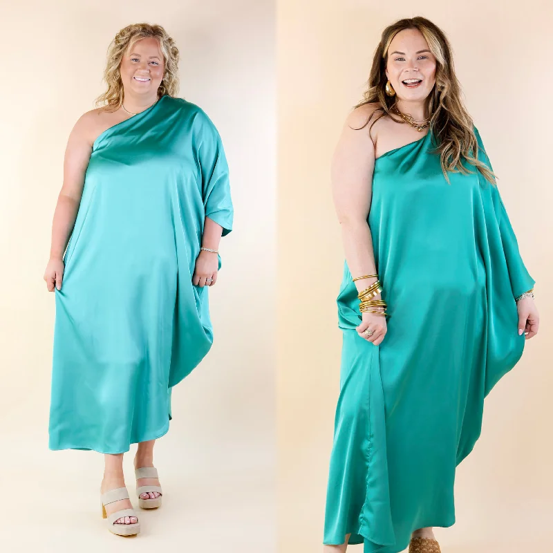 Maxi dresses with ribbed textures for a unique and tactile lookSweet Romance One Shoulder Satin Drape Midi Dress in Turquoise Maxi dresses with ribbed textures for a unique and tactile lookSweet Romance One Shoulder Satin Drape Midi Dress in Turquoise
