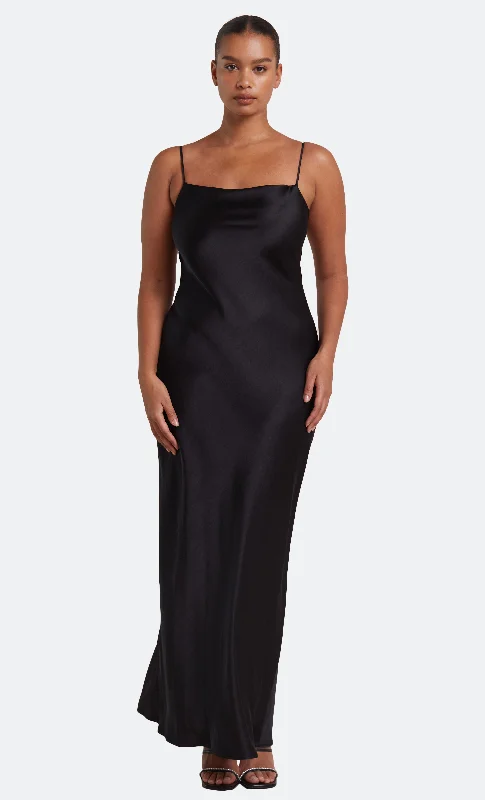 Satin maxi dresses with a high - low hem for a modern twistTHE DREAMER TIE DRESS - BLACK Satin maxi dresses with a high - low hem for a modern twistTHE DREAMER TIE DRESS - BLACK