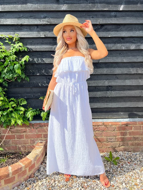 Maxi dresses with a keyhole back for a sexy detailWhite Santorini Bardot Maxi Dress
