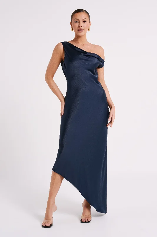 Ruffled maxi dresses with a tiered skirt for added volumeYvette Slip Maxi Dress With Asymmetrical Hem - Navy Ruffled maxi dresses with a tiered skirt for added volumeYvette Slip Maxi Dress With Asymmetrical Hem - Navy