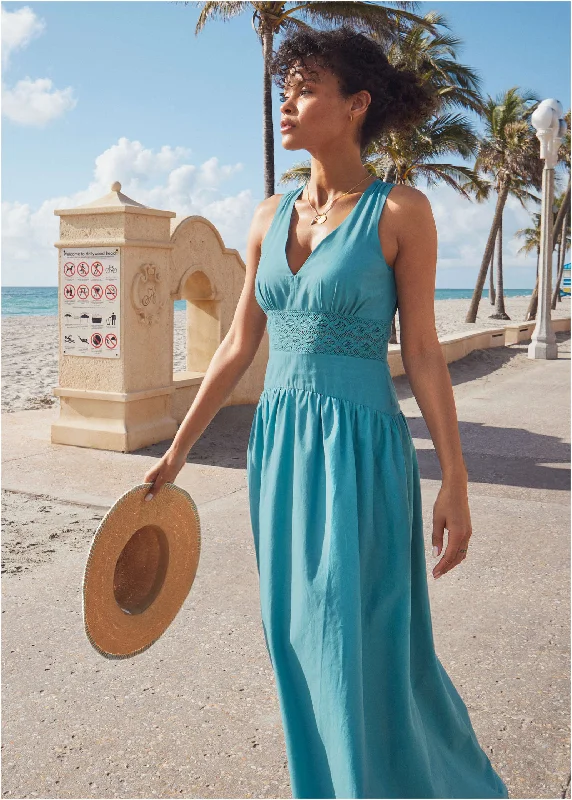 Maxi dresses with pom - pom trims for a playful and festive lookLace Detail Drop Waist Maxi - Blue Maxi dresses with pom - pom trims for a playful and festive lookLace Detail Drop Waist Maxi - Blue
