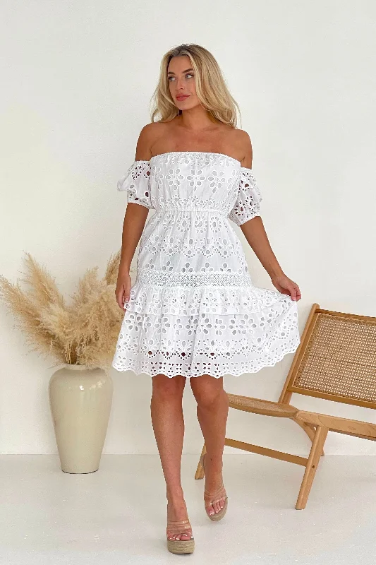 Mini dresses with beaded embellishments for a fancy eventCamden Broidery Off Shoulder Dress White Mini dresses with beaded embellishments for a fancy eventCamden Broidery Off Shoulder Dress White