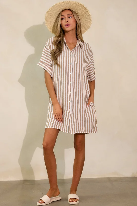 Mini dresses with geometric prints for a modern aestheticChasing Joy Taupe Stripe Button Front Mini Dress Mini dresses with geometric prints for a modern aestheticChasing Joy Taupe Stripe Button Front Mini Dress