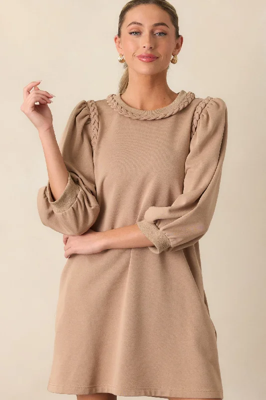 Mini dresses with asymmetric hems for a fashion - forward lookCocoa Haze 100% Cotton Tan Long Sleeve Mini Dress Mini dresses with asymmetric hems for a fashion - forward lookCocoa Haze 100% Cotton Tan Long Sleeve Mini Dress