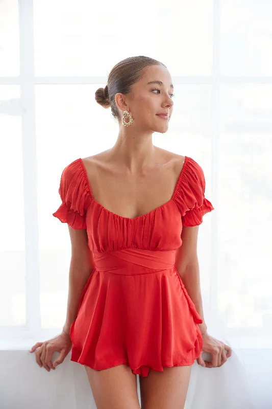 Mini dresses with ribbed textures for a unique appearanceEleanor Ruffle Wrap Romper in Red Mini dresses with ribbed textures for a unique appearanceEleanor Ruffle Wrap Romper in Red