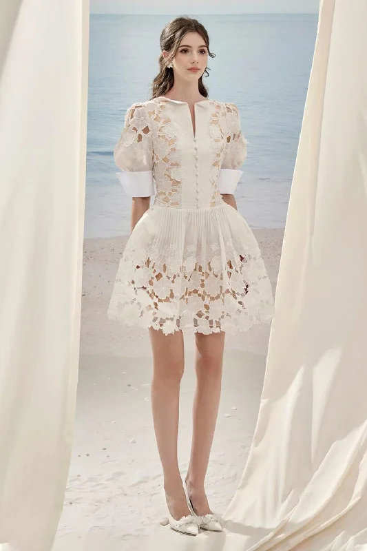 Mini dresses with bow accents for a sweet lookFloral A-line Puffy Sleeved Lace Mini Dress Mini dresses with bow accents for a sweet lookFloral A-line Puffy Sleeved Lace Mini Dress