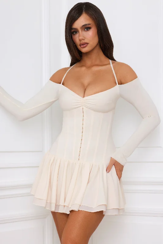 Leather mini dresses for a edgy styleOff-Shoulder Tiered Corset Mini Dress in Ivory Leather mini dresses for a edgy styleOff-Shoulder Tiered Corset Mini Dress in Ivory