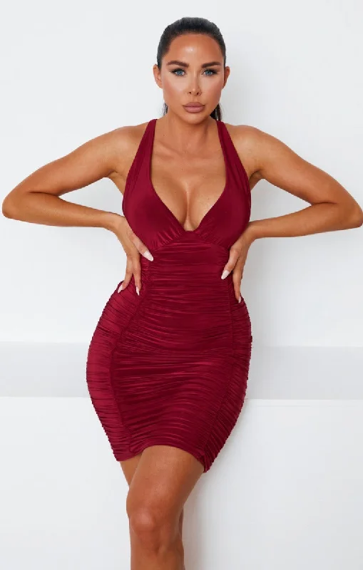Mini dresses with bow accents for a sweet lookWine Slinky Ruched Plunge Bodycon Mini Dress - Azaria Mini dresses with bow accents for a sweet lookWine Slinky Ruched Plunge Bodycon Mini Dress - Azaria