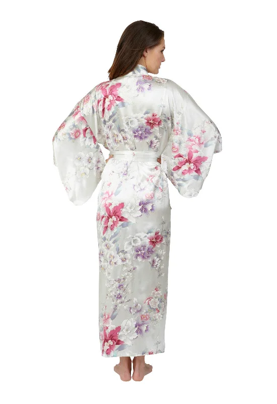 soft cotton women robes for comfortBridal Kimono Elegant Orchids Long Silk Robe