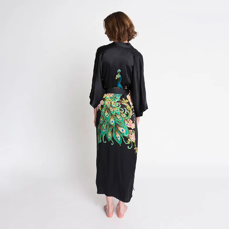 long - length women robes for full coverageSilk Handpainted Peacock Long Kimono Robe long - length women robes for full coverageSilk Handpainted Peacock Long Kimono Robe