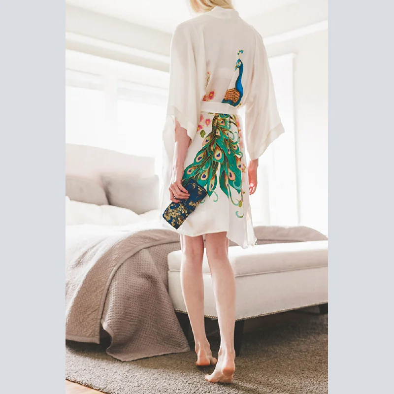 women robes with thermal - regulating propertiesSilk Handpainted Peacock Short Kimono Robe women robes with thermal - regulating propertiesSilk Handpainted Peacock Short Kimono Robe