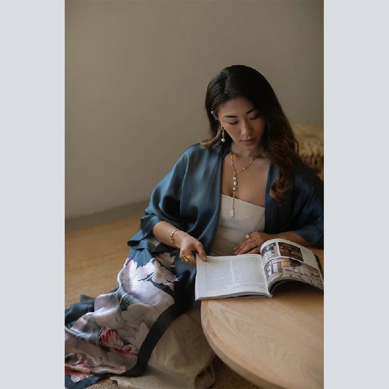 kimono - style women robes for a Japanese - inspired aestheticWashable Silk Lotus Long Kimono Robe kimono - style women robes for a Japanese - inspired aestheticWashable Silk Lotus Long Kimono Robe